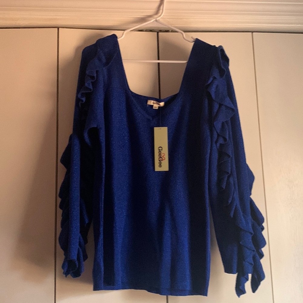 Ruffled arm, royal blue sparkly sweater